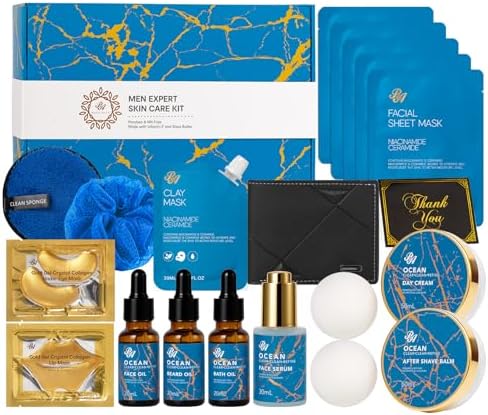 21 Pcs Men Facial Skin Care Set, Father's Day Gifts, Bath & Beard Gift Set for Men, Home Spa & Self-Care Gift Basket Set, Clay Mask, Birthday, Christmas, Valentines, Boyfriend, Anniversary, Dad by RAROSAACCA