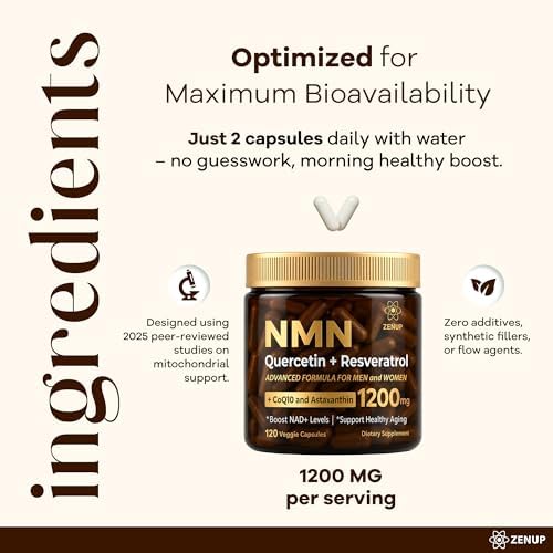 NMN Supplement, 1200mg Blend with 600mg NMN, 250mg Quercetin, 200mg Resveratrol, CoQ10 & Astaxanthin, Daily Supplement Formula, 120 Veggie Capsules, 60 Servings - Image 6
