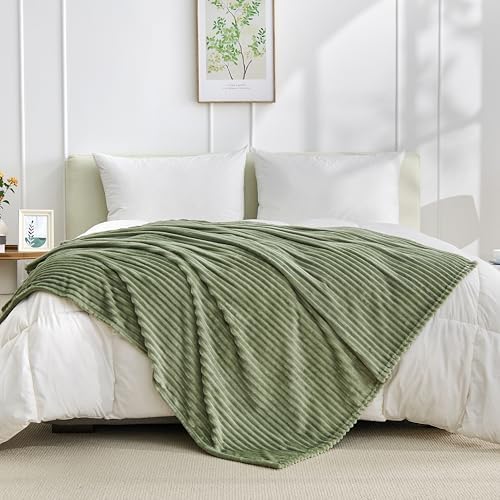 Bnuitland Sage Green Fleece Throw Blanket for Couch, 300GSM Soft Warm Cozy Fluffy Throw for Adults & Kids, Stripe Pattern 60"x80", All Season Sofa Bed Blanket for Home Decor - Image 5