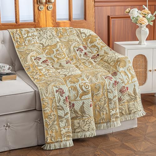 Loom and Mill Damask Patchwork Throw Blankets for Bed, Beige Yellow,52"x72" - Image 7