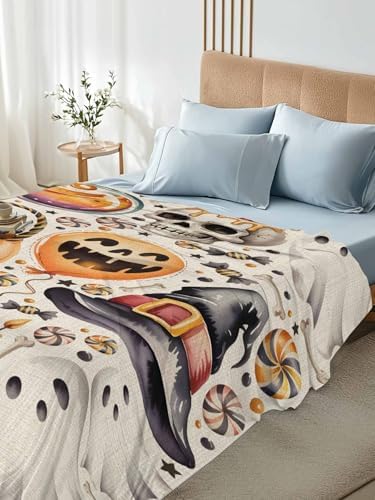 Halloween King Flat Sheet Candy Pumpkin Flat Sheets Only Soft Bedding Top Sheets Luxury Hotel Quality Witch Hat Eyeball Skull Ghost Linen King Bed Sheet for All Season Bedroom Dorm Halloween Decor - Image 5