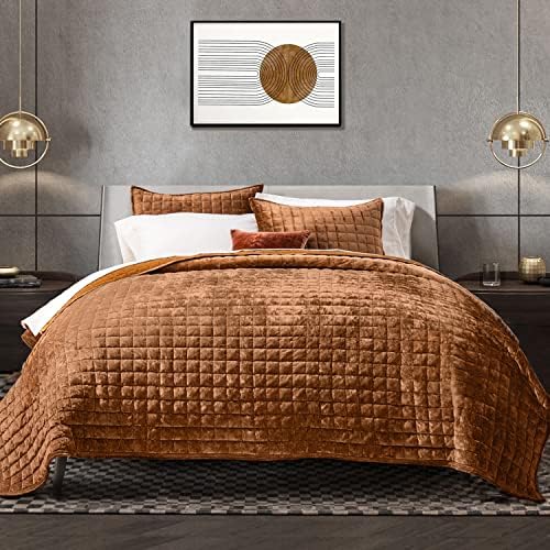 RECYCO Channel Box Stitch Velvet Quilt Set, Queen Size, Rusty Burnt Orange by RECYCOHOMECOLLECTION
