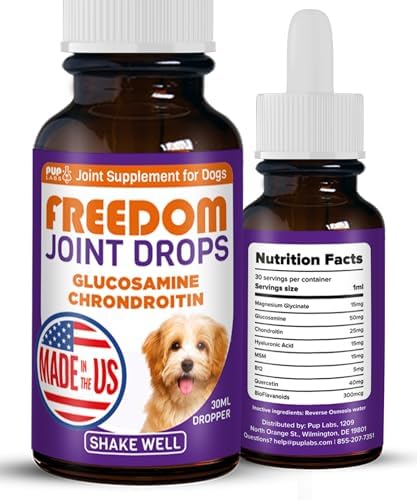 Freedom Joint Drops for Dogs with Hyaluronic Acid, MSM, Glucosamine, & Chondroitin, All Natural Liquid Joint Supplement for Dogs for Pain Relief, Mobility and Hip Support, 30 ml Dropper by PupLabs