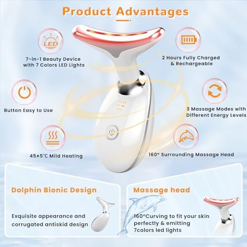 Facial Beauty Device, Face Massager Tool for Skin Care, Based on Triple Action LED, Thermal, and Vibration, Red and Blue LED Light, 7 Color Led Face and Neck Massager for Home Use (Glossy White) - Image 2
