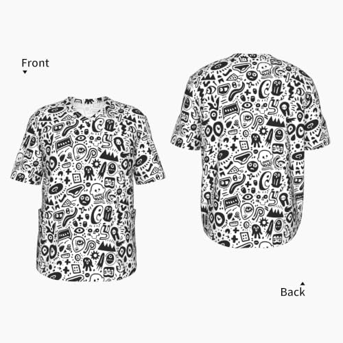 Men's Scrub Top,V-Neck Spill Wrinkle Resistant,3 Pockets-Doodle Pattern (5) - Image 4