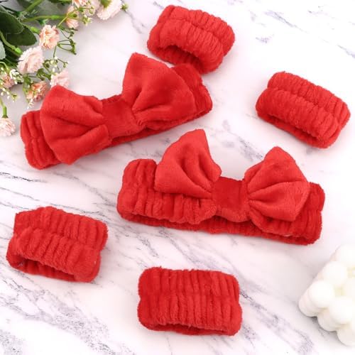 WHAVEL 6PCS Red Spa Headband and Wristbands Set, Valentine's Day Face Wash Headband Wrist Bands for Washing Face Makeup Skincare Hair Band Skin Care Accessories Tools - Image 7