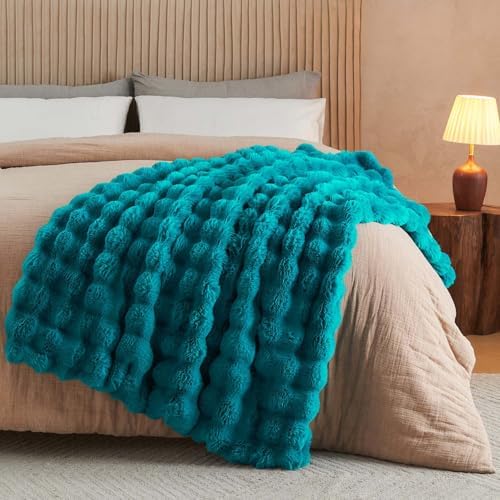Lotus Karen Faux Fur Throw Blanket Teal - Big Bubble Rabbit Fluff Blanket for Couch Bed Sofa,Softest Fluffy Fuzzy Cozy Blanket,Thick Furry Plush Shaggy Warm Blankets for Women,60x80 Inches - Image 5