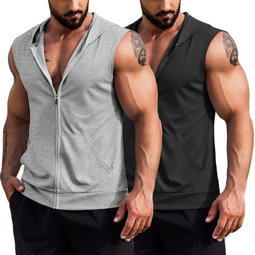 COOFANDY Men's Workout Hooded Tank Tops 2 Pack Zip Up Sleeveless Gym Shirts Muscle Cut Off T Shirt Bodybuilding Hoodies by COOFANDY