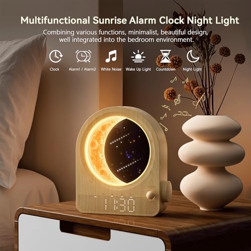 blonbar Sunrise Alarm Clocks for Bedrooms, Stepless Dimmable Moon Lamp Dual Alarm Clock with 12Levels Volume for Heavy Sleepers, 10 Natural Sounds with 30/60/90mins Timer, Gifts for Women - Image 3