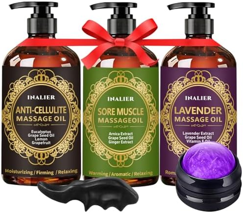 Massage Oil for Massage Therapy,3 Pack Cellulite Massage Oil,Sore Muscle Arnica Oil & Lavender Massage Body Oil with Massage Ball & Thumb Saver Tool,Mens Gifts,Birthday Gifts for Women and Men by INALIER