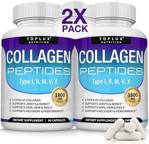 Toplux Multi Collagen Peptides Pills 1800 Mg Complex - Type I, II, III, V, X Premium Collagen Complex for Better Skin & Hair, Strong Joint, Hydrolyzed Protein, for Men Women, 90 Capsules, Supplement by Toplux