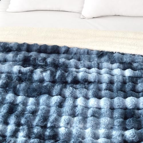 50x60 Inches Ultra-Soft Fuzzy Faux Fur Plush Throw Blanket - Thick, Warm Sherpa for Couch, Sofa, Bedroom, Camping - Decorative Blanket for Cozy Warmth, Bubble Dark Blue Tie Dye - Image 5