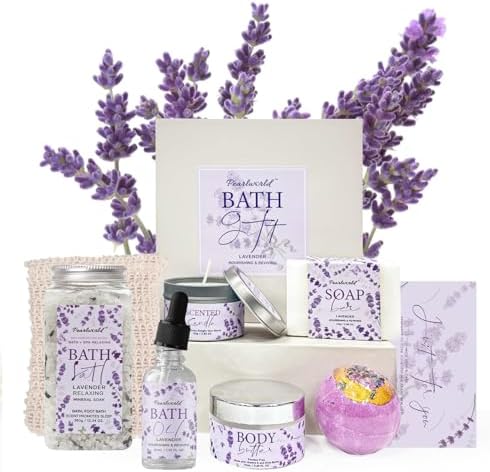 Lavender Spa Gift Set for Women, Luxury 9 Pcs Bath Salts Set, Relaxation Gifts for Women, Self Care Set, Clean Moisturizing Skin, Gifts for Mom, Wife, Sister, Friend by PEARLWORLD