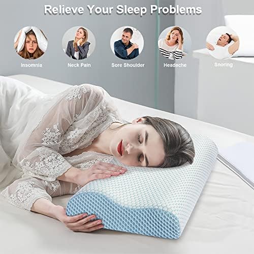 Anvo Memory Foam Pillow, Neck Contour Cervical Orthopedic Bed Pillow for Sleeping Side Back Stomach Sleeper, Ergonomic Design for Neck and Shoulder Pain Relief, Blue White, Soft - Image 4