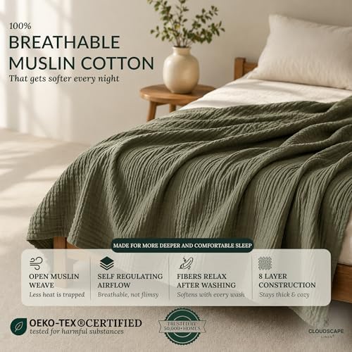 CLOUDSCAPE 8 Laye 100% Cotton Muslin Blanket Queen, 92"x92" - Olive Green - Image 2