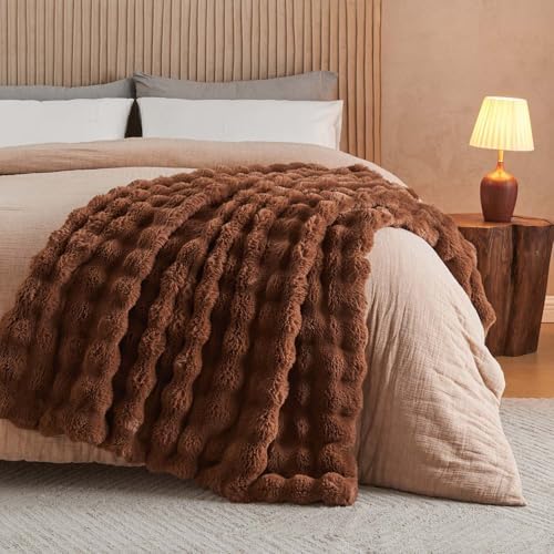Lotus Karen Faux Fur Throw Blanket Dark Coffee - Big Bubble Rabbit Fluff Blanket for Couch Bed Sofa,Softest Fluffy Fuzzy Cozy Blanket,Thick Furry Plush Shaggy Warm Blankets for Women,108x90 Inches - Image 3