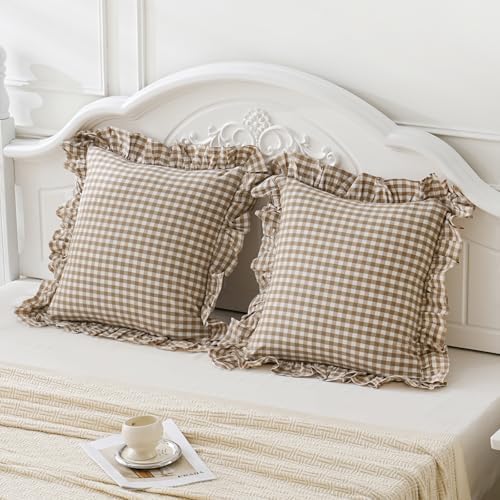 Taupe/White Plaid Euro Pillow Shams Ruffle Pillowcases, 26x26 Inches - Image 2