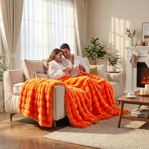 DREAMNINE Soft Faux Bubble Rabbit Fur Blanket Queen Size, Thick Cozy Decorative Warm Fuzzy Fur Blanket for Bed Couch Sofa Chair Bedroom Living Room Dorm Gift, 80 * 90 Inches, Orange - Image 2