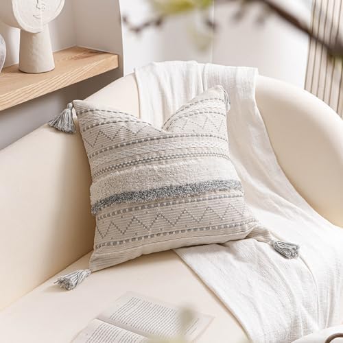 BlissBlush 18X18 Throw Pillow Cover, Cream Neutral Square Decorative Cushion Cover with Gray Pattern, Boho Accent Pillowcase with Tufted Details and Tassels for Couch Sofa Living Room (Cover Only) - Image 6