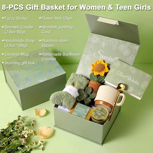 8PCS Birthday Gifts Box for Women Care Package Baskets for Women Hug in a Box Self Care Get Well Soon Gift Set for Mom Wife Girlfriend Sister Friends (Green) - Image 2