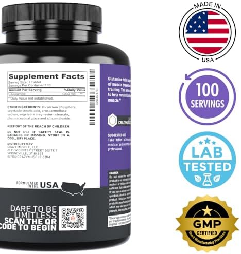 Crazy Muscle L-Glutamine 1000mg Tablets | Post-Workout Recovery Supplement - Image 5