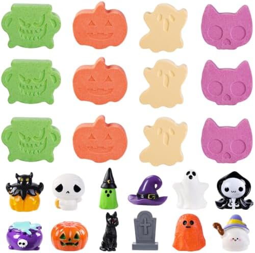 Vellibring 12Pcs Halloween Bath Bombs with Surprise Toys Inside, Trick or Treat Present Set Ghost Shape Organic Natural Bubble Bath Fizzy for Kids Boys Girls by Vellibring