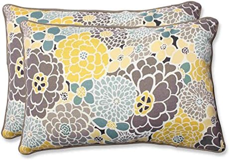 Pillow Perfect Bright Floral Indoor/Outdoor Accent Throw Pillow, Plush Fill, Weather, and Fade Resistant, Large Lumbar - 16.5" x 24.5", Blue/Tan Lois, 2 Count by PillowPerfect