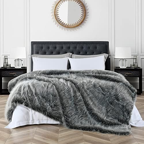 Luxury Faux Fur Blanket Queen Size, Ultra Big Grey and Black High Pile Mixed Faux Fur Throw, Oversized Super Warm, Fuzzy, Elegant, Fluffy Decoration Throw Blanket for Sofa, Couch and Bed, 90''x 90" - Image 3