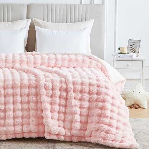 60x80 Inches Ultra-Soft Fuzzy Faux Fur Plush Twin Size Blanket - Thick, Warm Sherpa for Couch, Sofa, Bedroom, Camping - Decorative Blanket for Cozy Warmth, Bubble Pink - Image 6