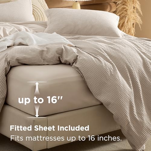 Bedsure PureWoven Cotton Waffle Duvet Cover Set with Fitted Sheet, King - Image 2