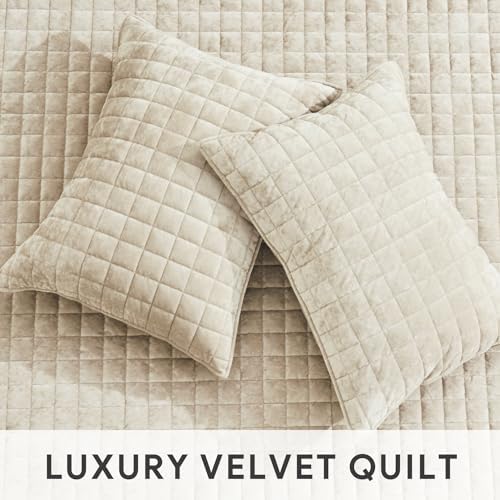 RECYCO Channel Box Stitch Velvet Quilt Set, Full Queen Size, Beige - Image 4