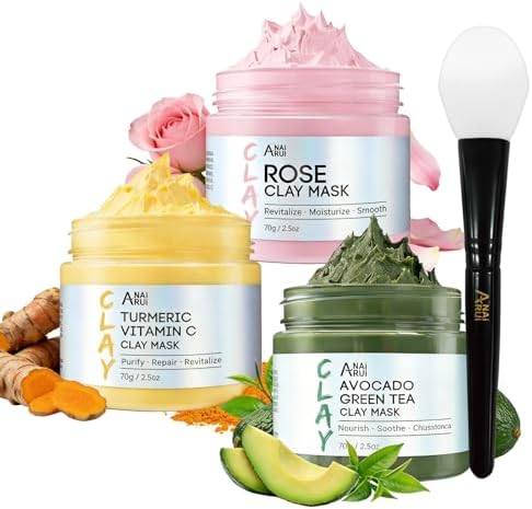 ANAI RUI 3 Pack Clay Mask Set, Rose,Turmeric, Avocado 2.5 oz Each by ANAIRUI