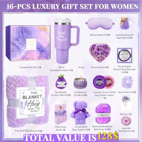 Birthday Gift for Women, Self Care Get Well Soon Gifts, Lavender Relaxing Spa Basket Care Package w/ Flannel Blanket 40 oz Tumbler, Unique Teacher Mother's Day Gifts for Mom Her Friend Sister Wife - Image 2