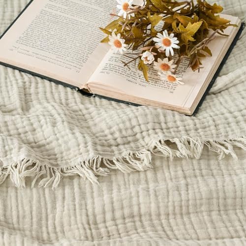 Esterra Muslin Throw Blanket 50x65 Inches Cozy Soft Lightweight Pre-Washed Cotton Blanket, All Season Breathable 4-Layer Gauze Blanket Throw for Sofa Couch Bed, Oatmeal - Image 2
