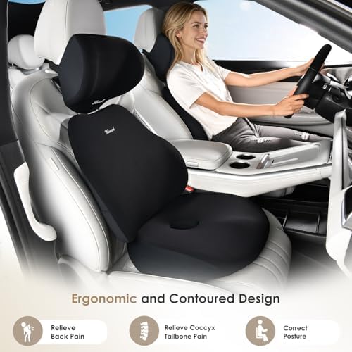 FLORICH Car Seat Cushion & Lumbar Support Pillow & Car Neck Pillow, Ergonomic Memory Foam Driving Seat Cushion for Back & Sciatica Pain Relief, Non-Slip Washable Cushion for Car, Driver, Office-Black - Image 2