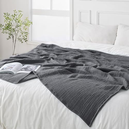 Esterra Muslin Twin Size Cozy Soft Lightweight Pre-Washed Cotton Blanket, All Season Breathable 4-Layer Gauze Blanket Throw for Couch Bed, Dark Gray, 66x90 Inches - Image 7