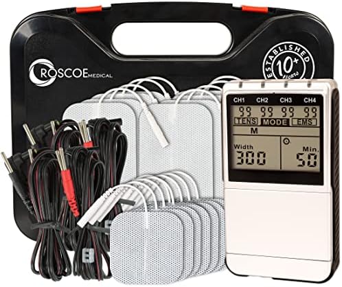 Roscoe Medical TENS Unit and EMS Muscle Stimulator – 16 Electrodes Included, 4-Channel OTC TENS Machine for Back Pain Relief, Lower Back Pain Relief, Neck Pain, Includes Case by Roscoe+Medical
