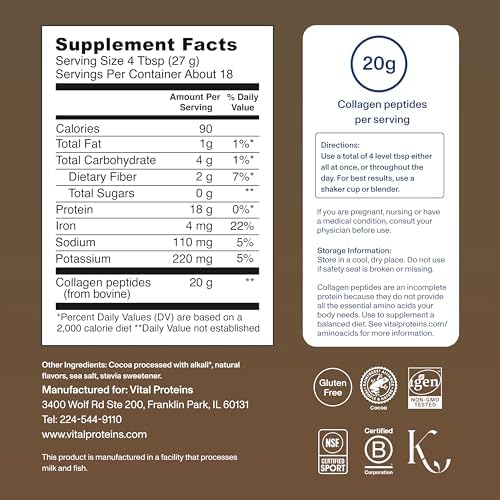 Vital Proteins Grass Fed Collagen Powder Supplement (Type I, III) for Skin Hair Nail Joint - Hydrolyzed Collagen, Grass Fed, Dairy and Gluten Free - Chocolate Flavor, 17.1 oz Canister (Pack of 2) - Image 6