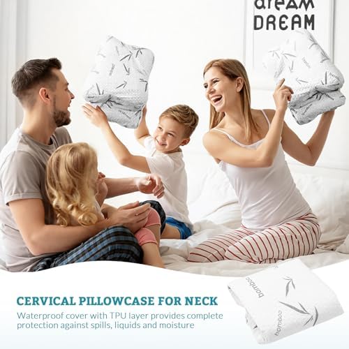Hahafelt Cooling Cervical Pillowcase (Only Pillowcase) Waterproof Bamboo Neck Pillow Case Ergonomic Pillow Case Cover with Zipper for Side Back Stomach Sleepers(Queen Size,White Grey) - Image 6