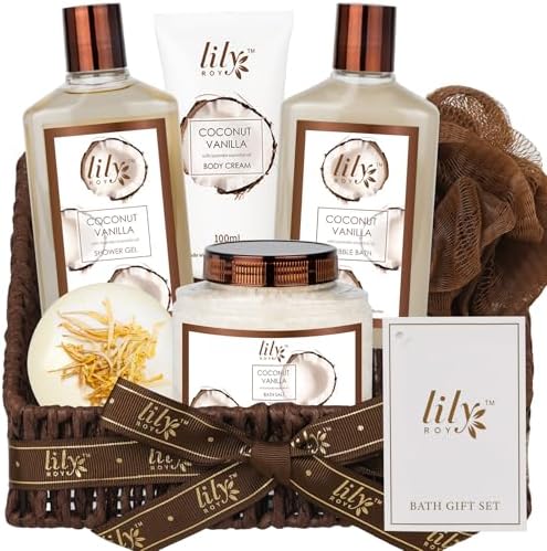 Coconut Vanilla Spa Gifts, 7Pcs Perfect Spa Gift Baskets for Women & Men by LILYROY