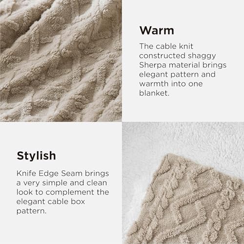 Bedsure Sherpa Fleece Throw Blanket for Couch - Soft Fluffy & Cozy Cable Jacquard Tufted Throw Blankets for Women Gift, Thick Warm Blanket for Winter and All Seasons, Beige, 50x60 Inches - Image 4