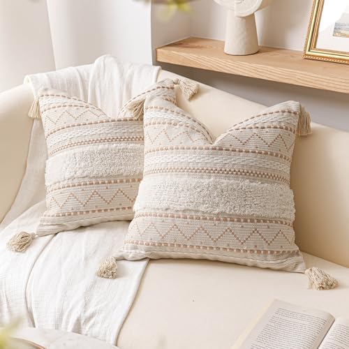 BlissBlush Decorative Throw Pillow Covers 20x20 Combo Set of 2 Square Cream Neutral White Boho Accent Pillowcase Tassels Farmhouse Cushion for Couch Sofa Bedroom Living Room Home Décor Cover ONLY - Image 6