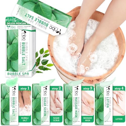 Pedicure Kit Foot Soak Set: Bubble Salt, Sugar Scrub, Massage Mask, Massage Lotion in a Box, 4 Step Foot Spa Kit for Dry Feet,Tired Feet (1 Set Eucalyptus) by nbcBeautiLab
