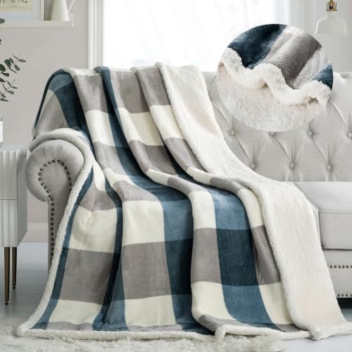 PU MEI Sherpa Throw Blanket for Couch Sofa 50“*60”-Fuzzy Soft Cozy Fleece Thick Warm Blanket for Winter, Soft Throws Plush Fluffy Lattice Flannel Blankets (Grey-Soft Blue) by HOME