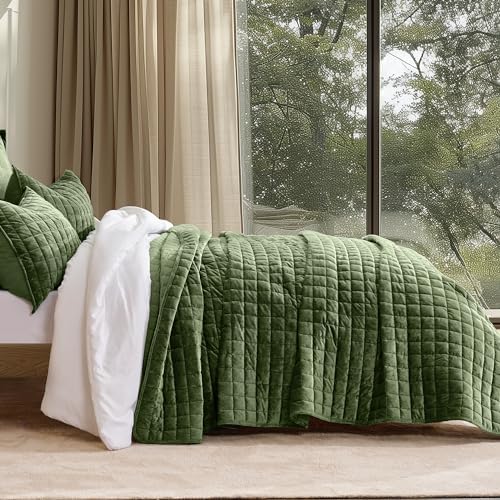 RECYCO Channel Box Stitch Velvet Quilt Set, Full Queen Size, Loden Green - Image 2