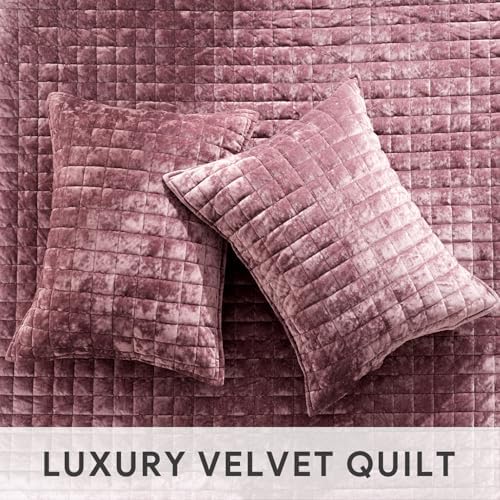 RECYCO Channel Box Stitch Velvet Quilt Set, Queen Size, Dusty Mauve Pink - Image 4