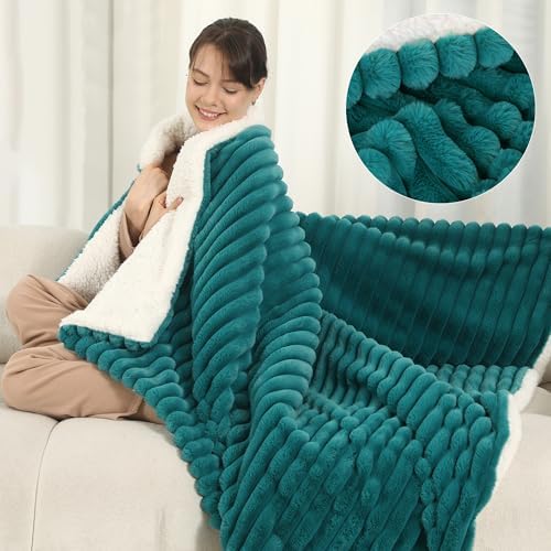 ESTINGO Heated Blanket Electric Throw 50''X60'', Ultra Soft 350GSM Luxury Faux Fur Plus 200GSM Sherpa, Upgraded Selected Cozy & Thick Fabric, 5 Heating Levels & 4H Auto Off, Peacock Blue by ESTINGO-EnjoyToastyWarm