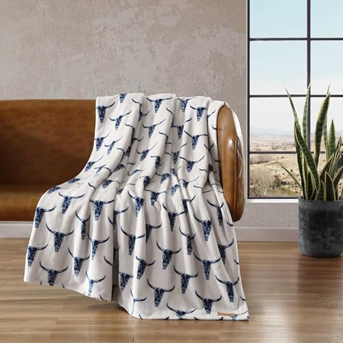 Wrangler - Queen Size Blanket, Super Soft & Reversible Plush Fleece Bedding, Throw Blanket for Couch or Bed (Steer Head Blue) - Image 2