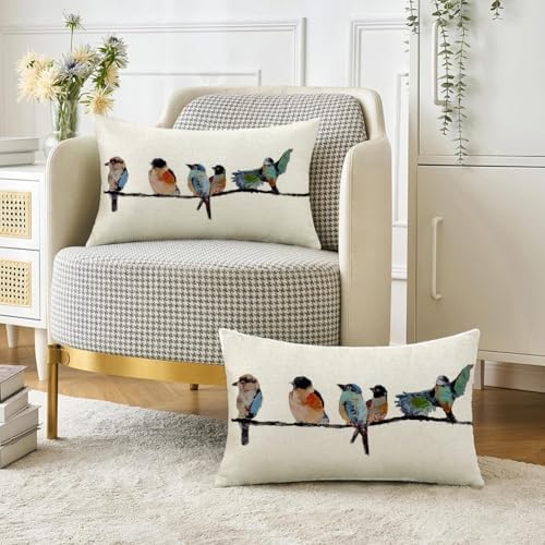 RABUSOFA 12x20 Lumbar Pillow Decorative Throw Pillows,Small Hand-Painted Outdoor Birds Pillowcases,Spring Summer Pillows Decorative Throw Cushion Covers Linen for Couch Sofa Teal Blue - Image 4