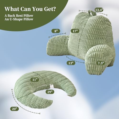 19" Reading Pillow for Bed,U Shaped Arm & Elbow Support,Green Corduroy - Image 3
